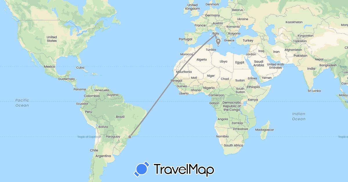 TravelMap itinerary: driving, plane in Brazil, Italy, Malta (Europe, South America)